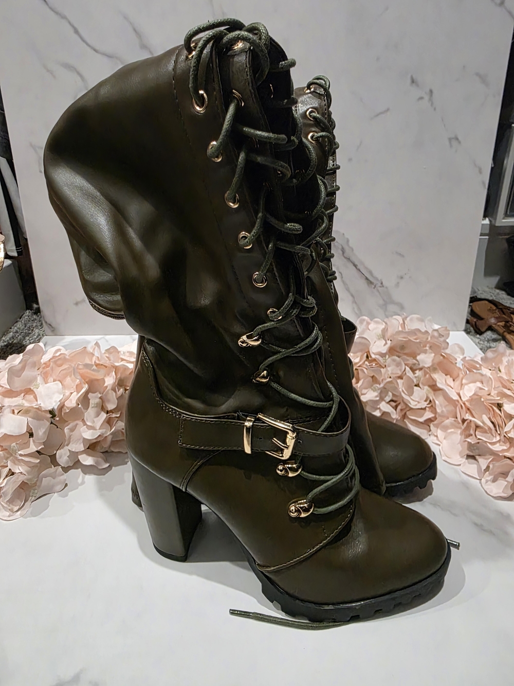 Shoe Dazzle - Olive Lace-Up Over the Knee Heeled Combat Boots with Buckle